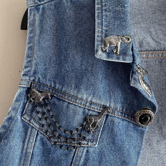 Vintage Sleeveless Jean Jacket Size L Vest Animals Pins Blue Denim 80s Music - Picture 3 of 13